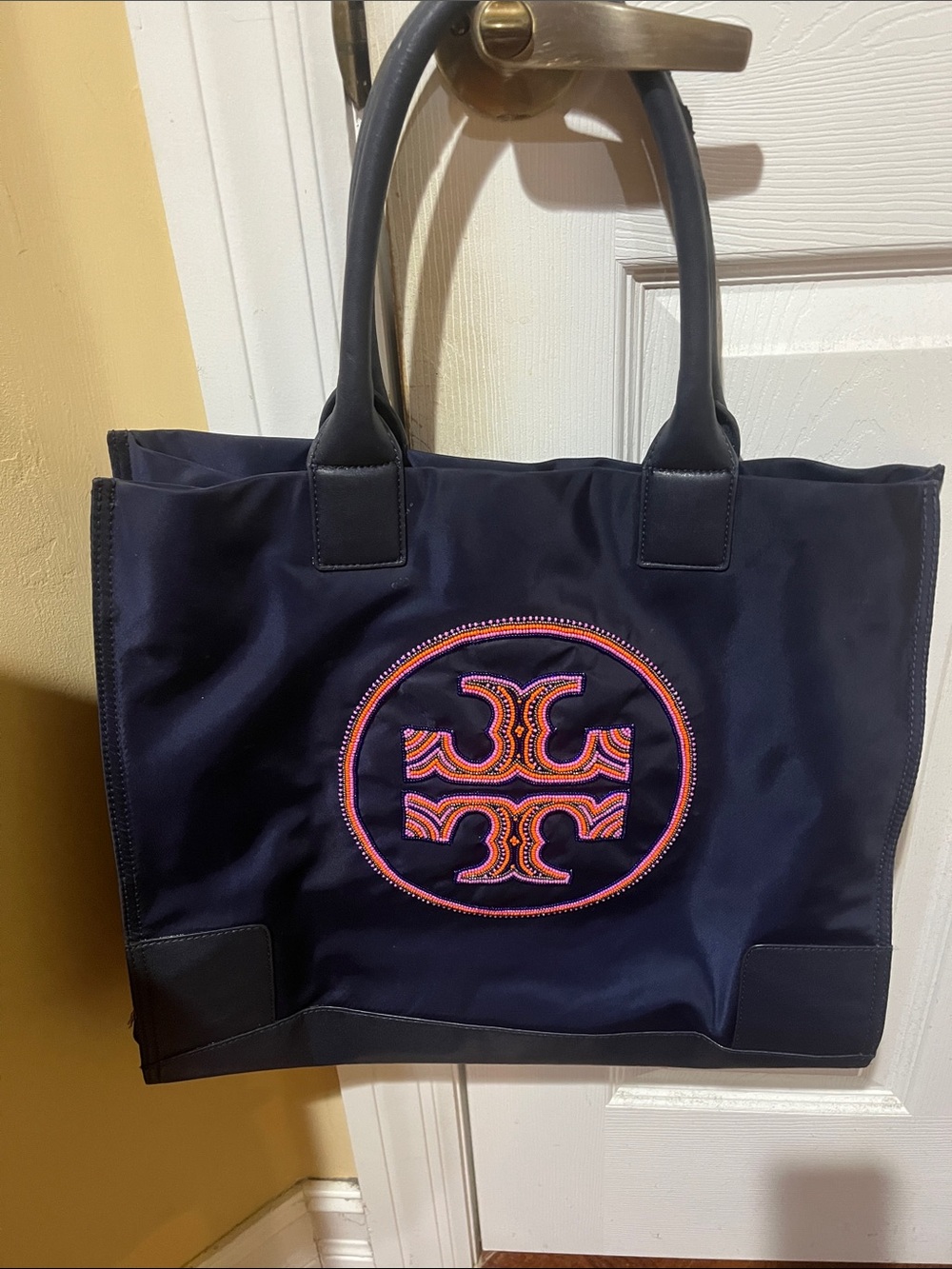 Tory Burch Navy Tote with Pink and Orange Logo Patch